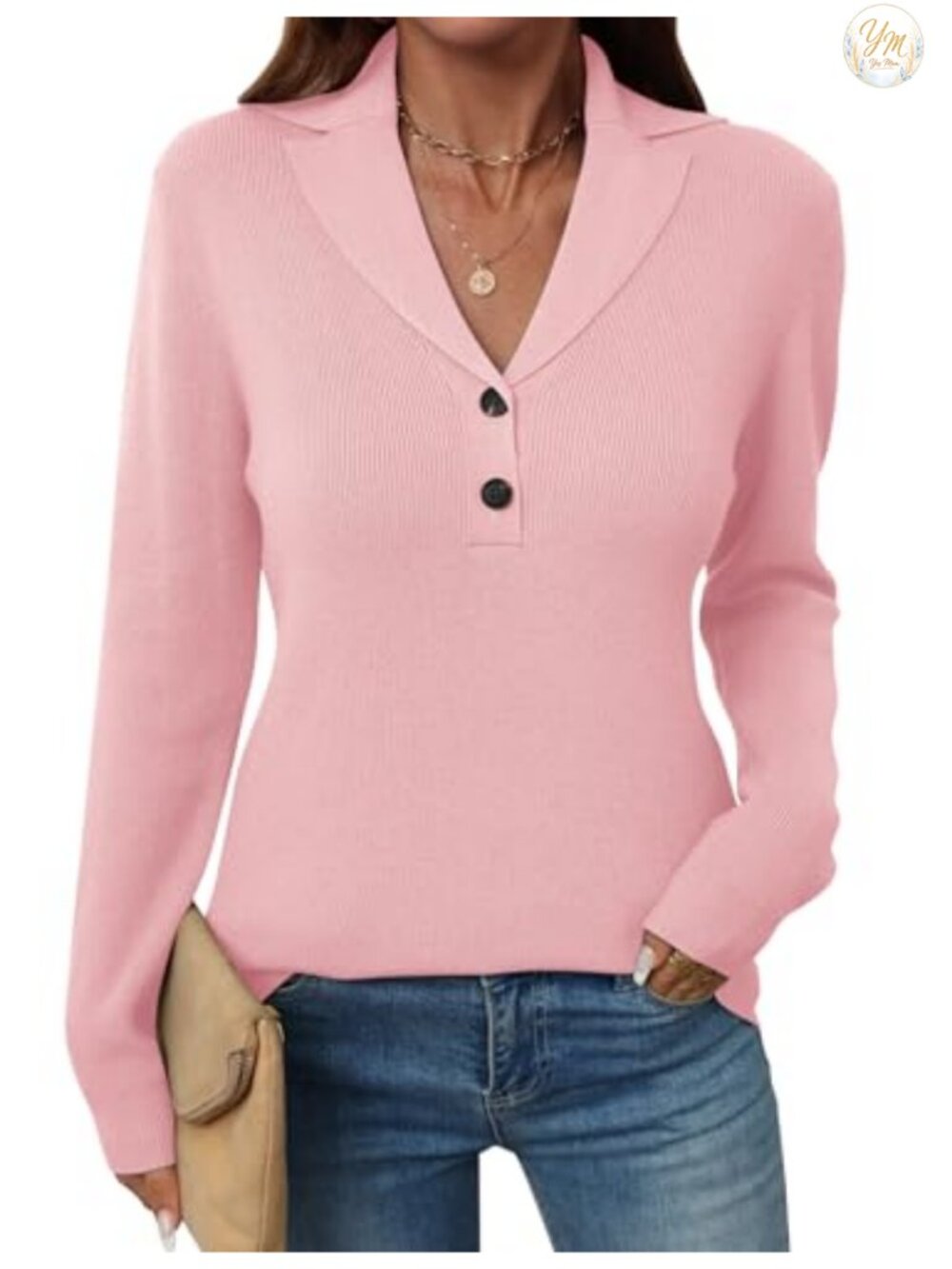 Women's V-Neck Long Sleeve Snap Button Henley Pullover Sweater - 50% Viscose